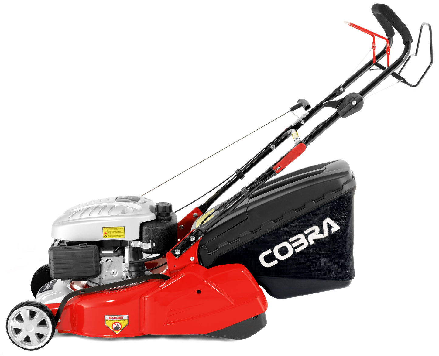 Cobra RM40SPC lawnmower, side profile with grass bag