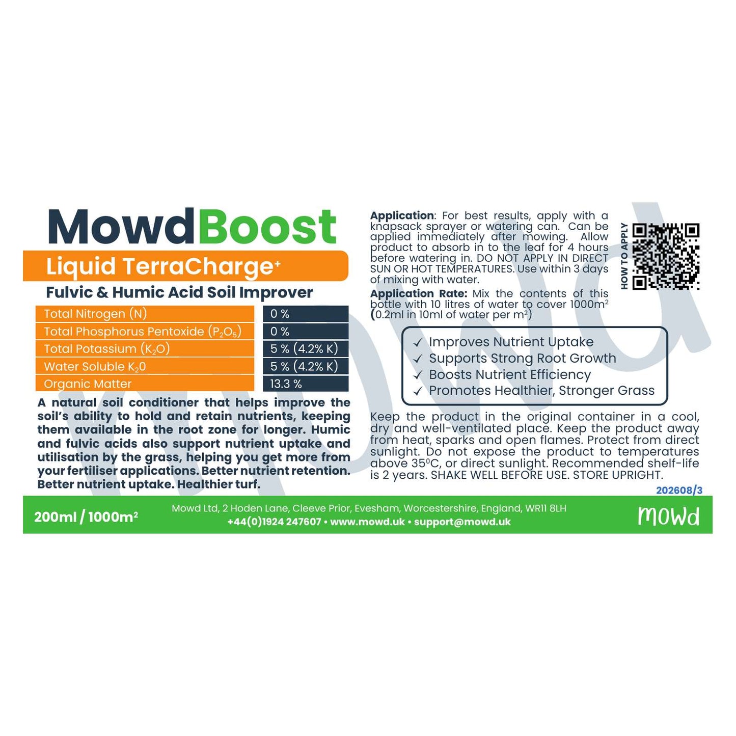 TerraCharge Liquid humic and fulvic acid concentrate 200 ml label covering up to 1,000 m² of lawn