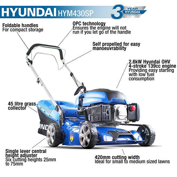Hyundai HYM430SP self-propelled petrol lawnmower view 2