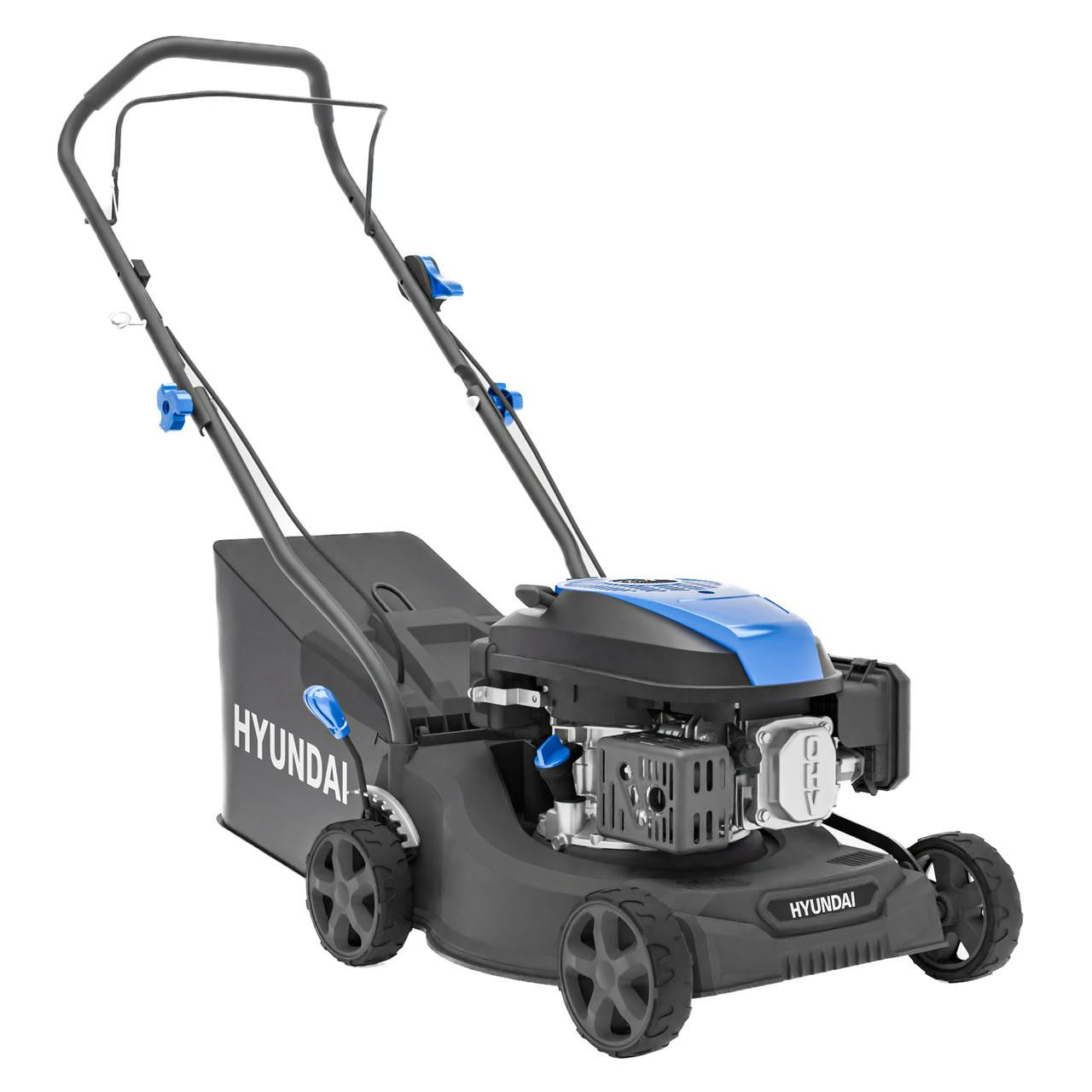 Hyundai HYM16130PX petrol lawnmower controls close up