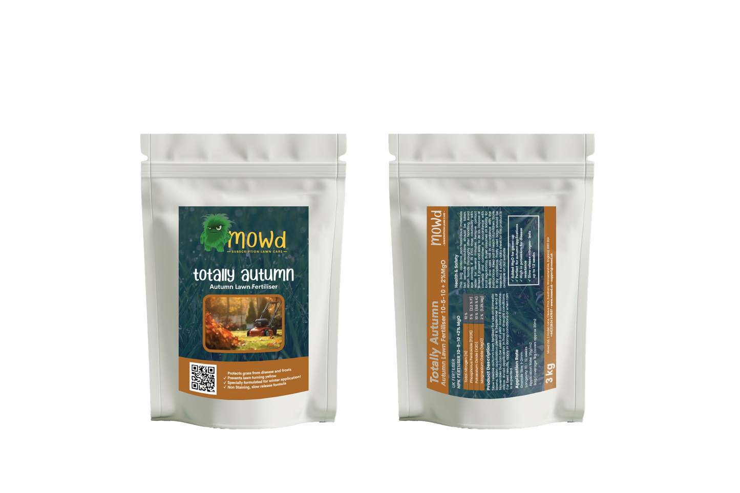 Mowd Totally Autumn Lawn Fertiliser pack with nutrient and application details