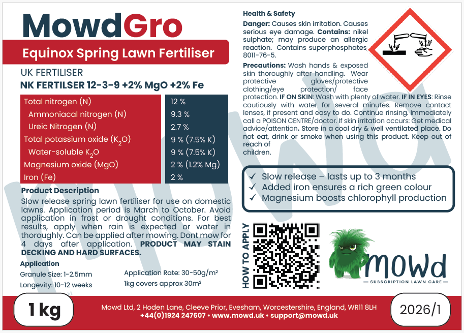 Mowd Equinox Spring Lawn Fertiliser 12-3-9 1kg pack with nutrient and application guide