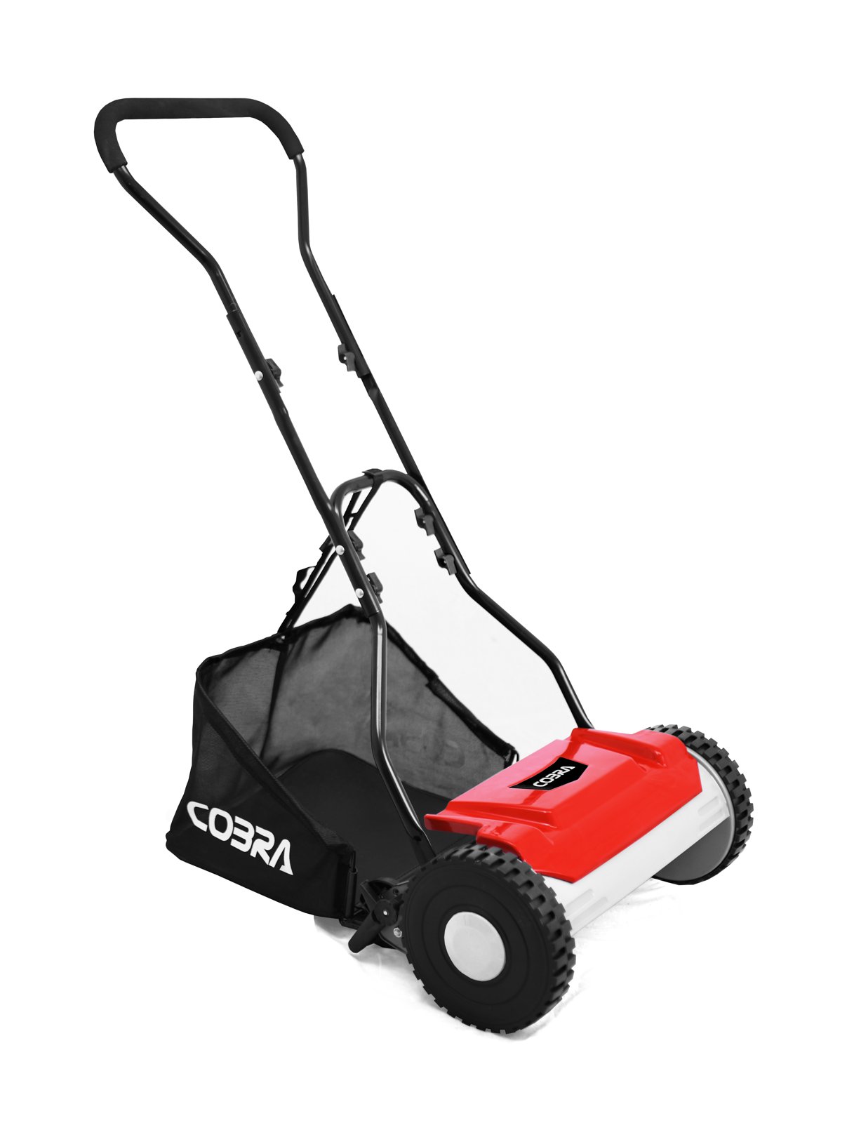 Cobra HM381 hand push cylinder lawnmower, angled view