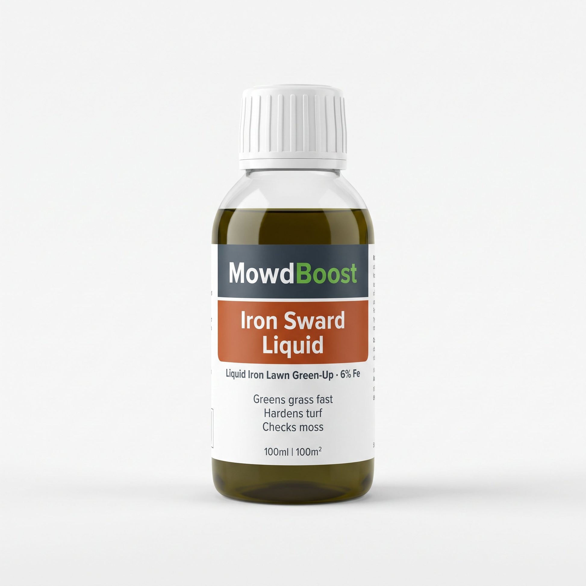 MowdBoost Iron Sward Liquid – 6% liquid iron for lawns, 100 ml bottle on a white background