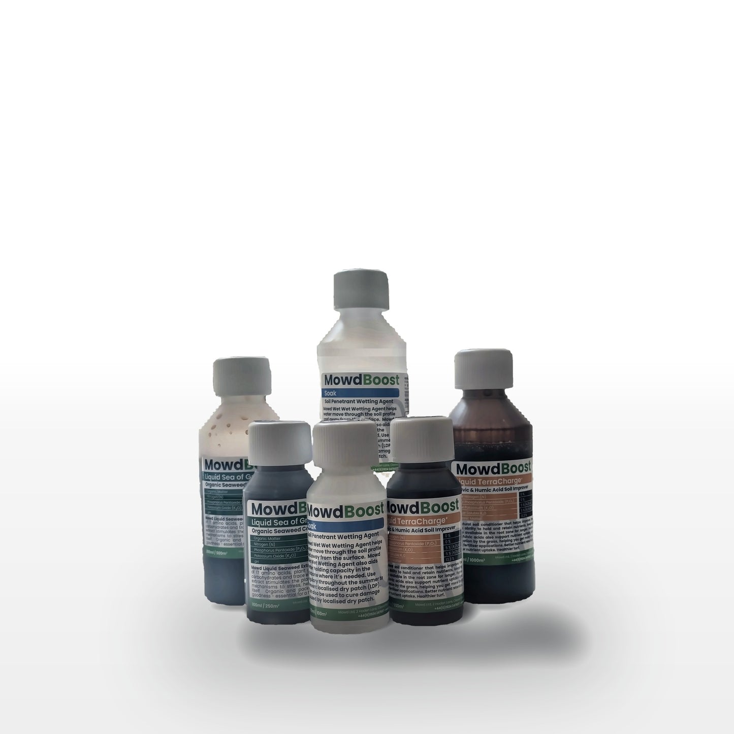 The full MowdBoost liquid lawn treatment range: Sea of Green, Soak and TerraCharge in 100ml and 200ml bottles