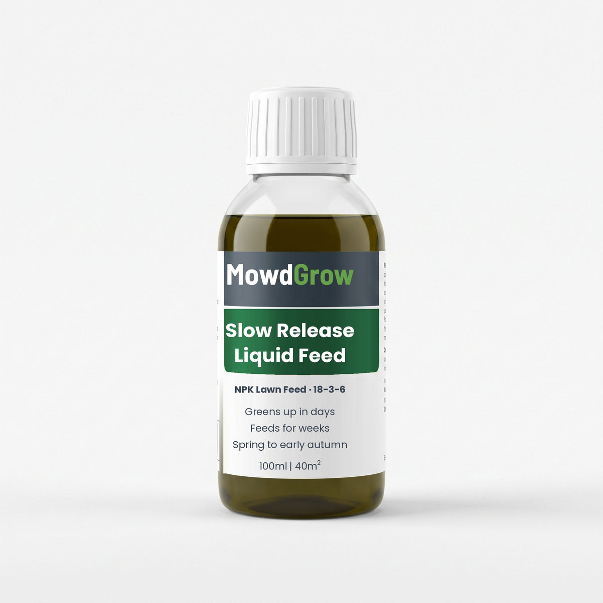 MowdGrow Slow Release Liquid Feed 18-3-6 – slow release liquid lawn feed, 100 ml bottle on a white background