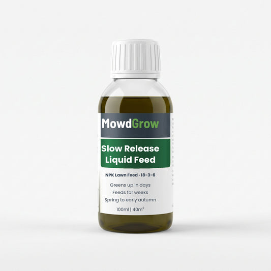 MowdGrow Slow Release Liquid Feed 18-3-6 – slow release liquid lawn feed, 100 ml bottle on a white background