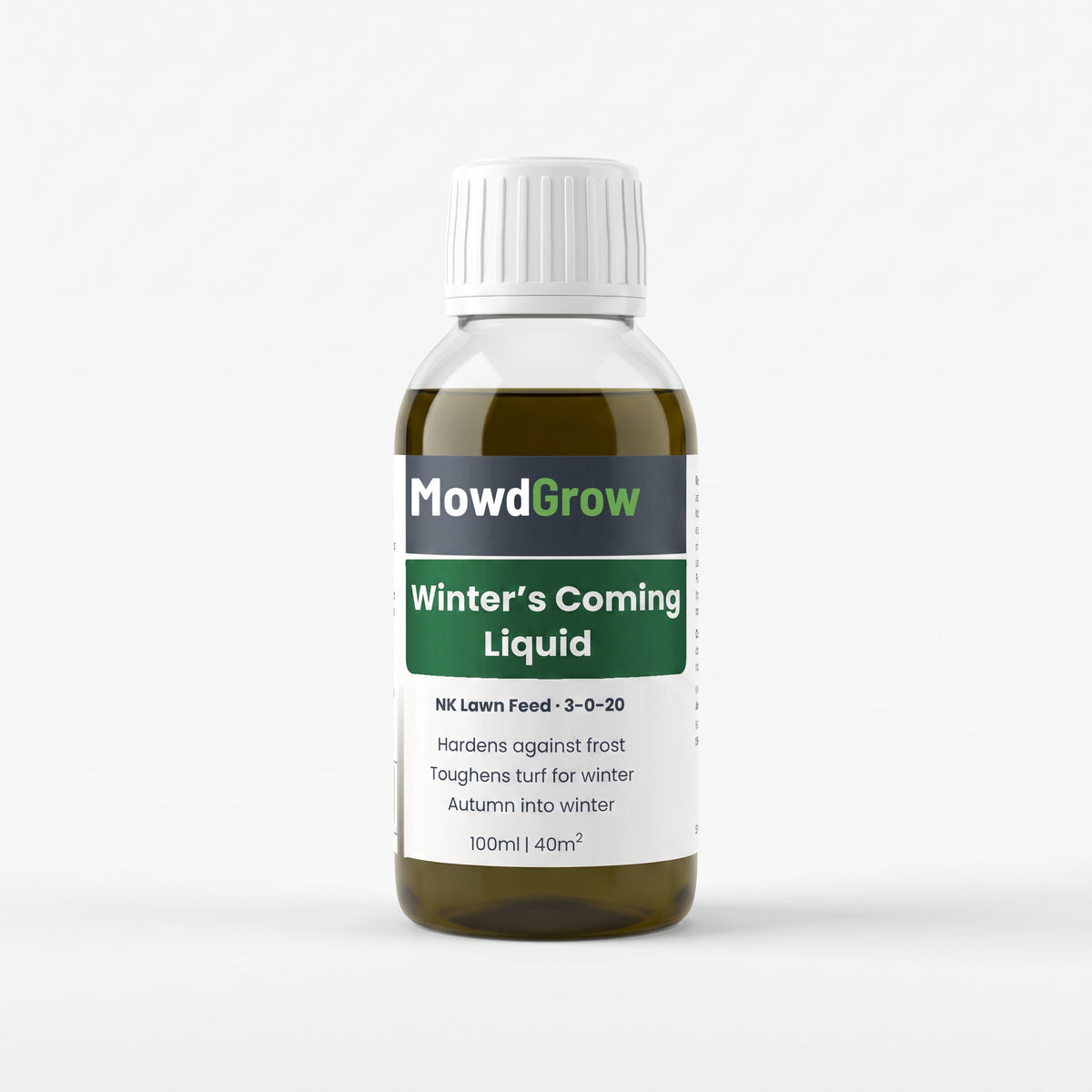 MowdGrow Winter's Coming Liquid autumn and winter lawn feed 3-0-20, 100 ml bottle on a white background