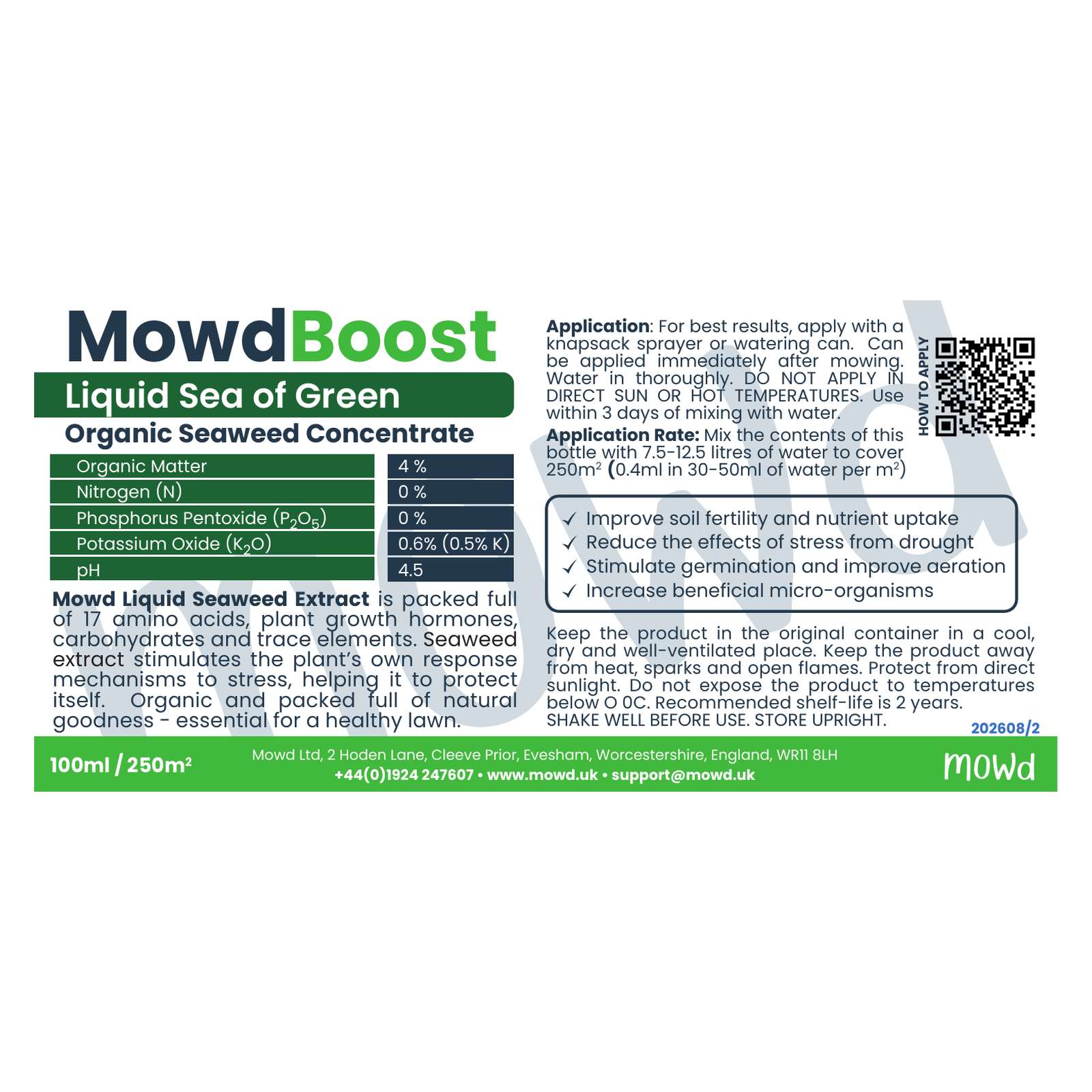 Sea of Green Liquid organic seaweed concentrate for lawns, 100 ml label showing analysis and application rate