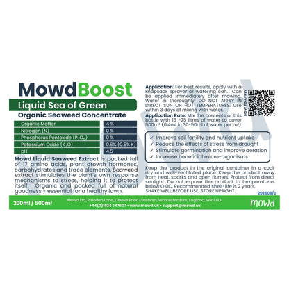 Sea of Green Liquid seaweed concentrate 200 ml label covering up to 500 m² of lawn