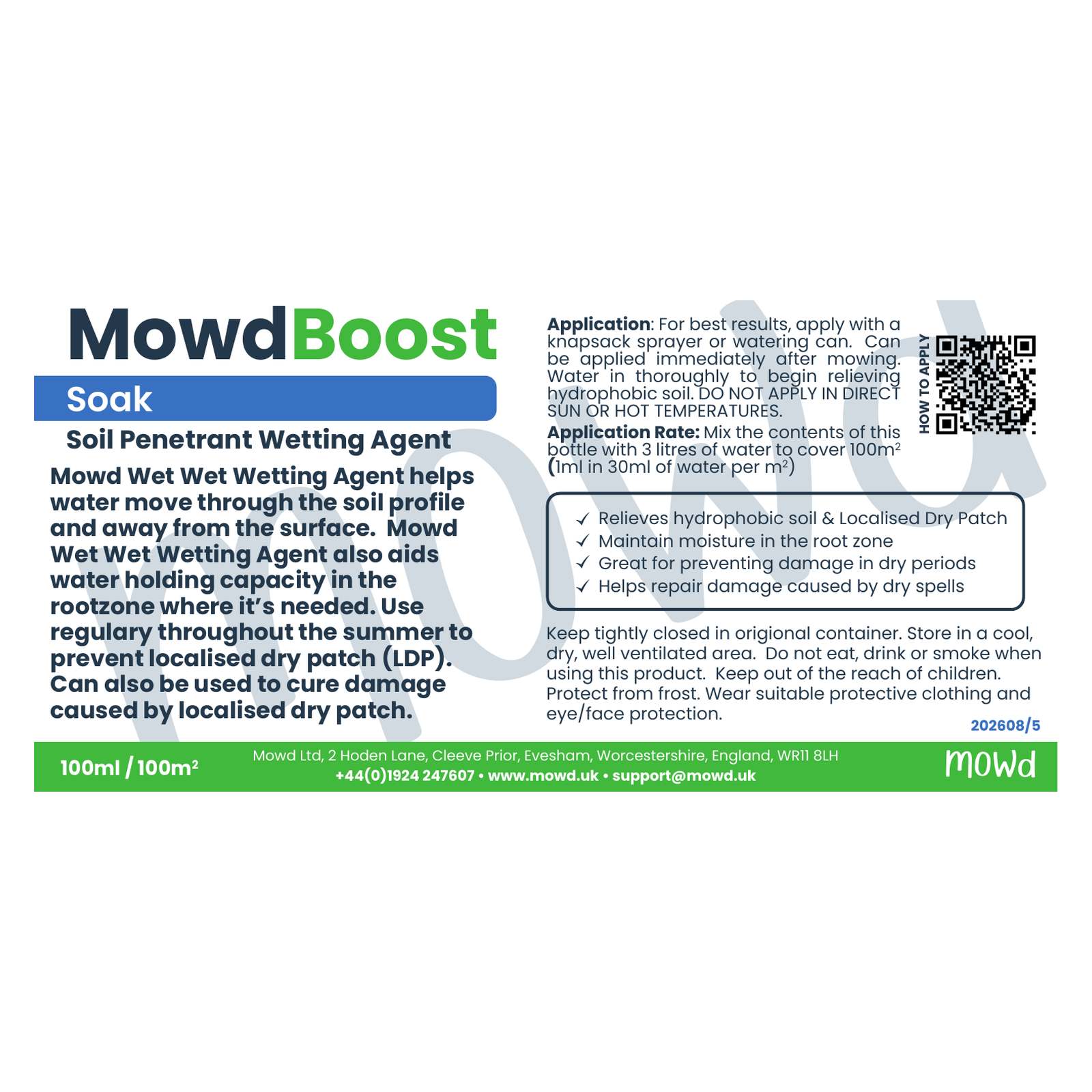 Soak liquid lawn wetting agent and soil penetrant, 100 ml label showing application rate and coverage