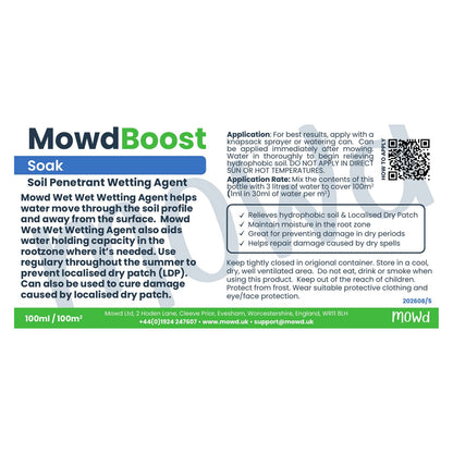 Soak liquid lawn wetting agent and soil penetrant, 100 ml label showing application rate and coverage