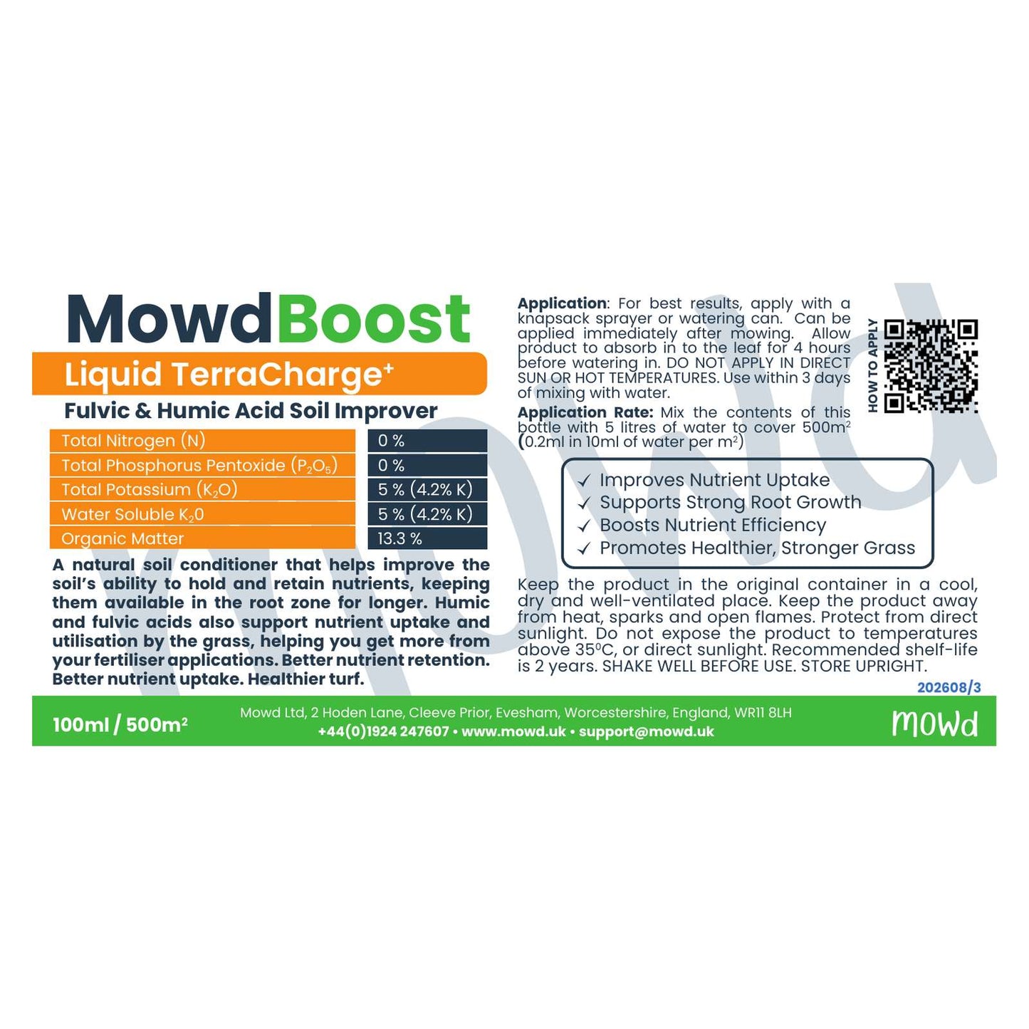 TerraCharge Liquid fulvic and humic acid soil improver for lawns, 100 ml label showing analysis and application rate