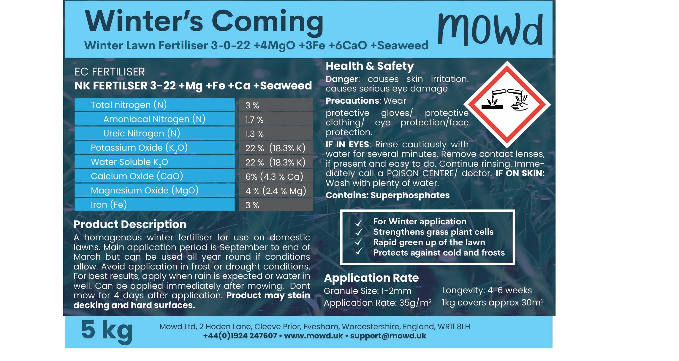 Winter's Coming Winter Lawn Fertiliser 3-0-22 +4%MgO +3%Fe +6%CaO +Seaweed